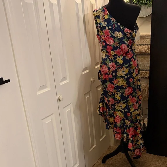 Lulu's Navy Floral One Shoulder Dress - Blue and Pink - Picture 2 of 10
